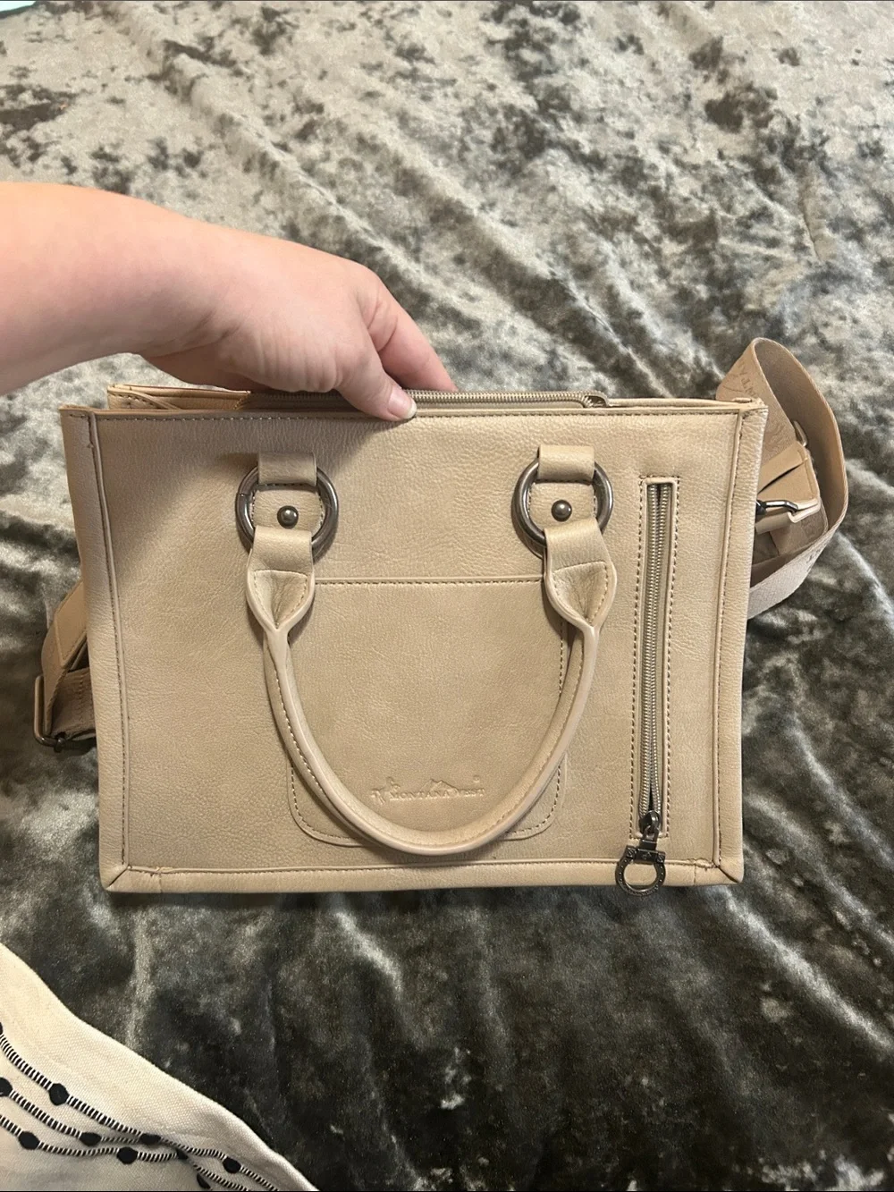 Montana West Beige Satchel with Tooled Brown Panels and Turquoise Conchos